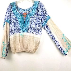New Free People Boho Ribbon Embroidered Long Sleeve Peasant Top Size Small